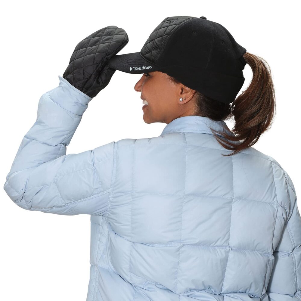 1643 Gift Set Quilted Winter Ponytail Trucker hat Quilted Mittens